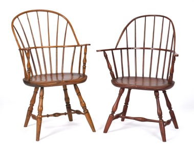 TWO 18TH C. WINDSOR SACK BACK ARMCHAIRS.