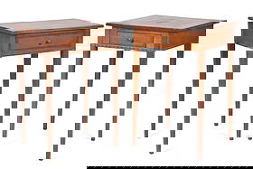 TWO 19TH C. INLAID CHERRY HEPPLEWHITE STANDS.: A ca. 1810 heavily inlaid cherry one drawer stand, on tapered legs, with an old Livingston & Bostwick label adhered to underside of drawer, 27”H x 18” sq. Along with other inlaid cherry ex