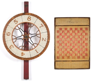 ANTIQUE CARNIVAL GAMING WHEEL AND CHECKERBOARD.
