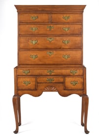 18TH C. AMERICAN FIGURED MAPLE QA HIGHBOY.