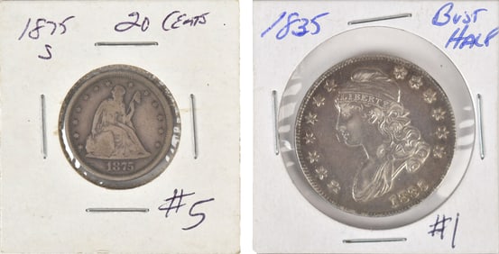 1875-S 20 CENT PIECE AND AN 1835 BUST HALF DOLLAR.