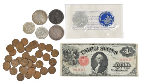 ASSORTED US COINS AND PAPER MONEY.
