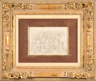 ANTIQUE SEPIA SKETCH, WOMEN BATHING.