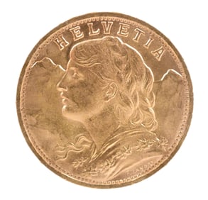 1947 B SWISS 20 FRANC GOLD COIN.