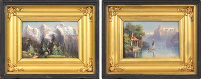 TWO ANTIQUE OILS, SWISS ALPS.