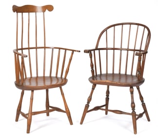 TWO ANTIQUE WINDSOR ARM CHAIRS.