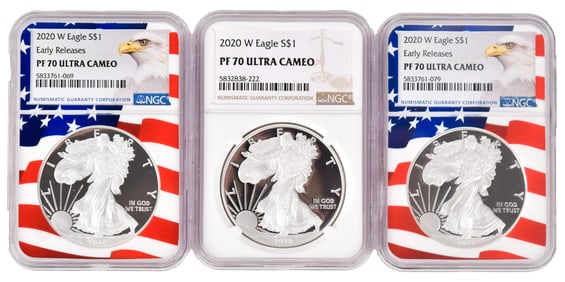 THREE 2020W AMERICAN SILVER EAGLE COINS.