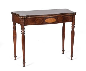 19TH C. FEDERAL SERPENTINE INLAID CARD TABLE.