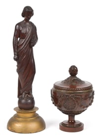 ANTIQUE CARVED FIGURAL SCULPTURE AND PEDESTAL BOWL.