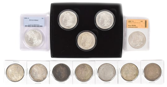 TWELVE ASSORTED MORGAN SILVER DOLLARS.