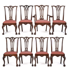EIGHT ANTIQUE CHIPPENDALE STYLE DINING CHAIRS.