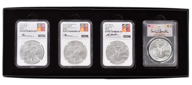 FOUR 2021 AMERICAN SILVER EAGLE COINS.