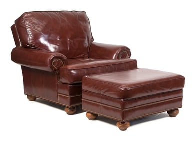 DISTINCTION LEATHER CLUB CHAIR AND OTTOMAN.