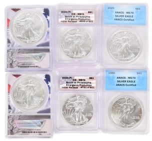 SIX AMERICAN SILVER EAGLE COINS.