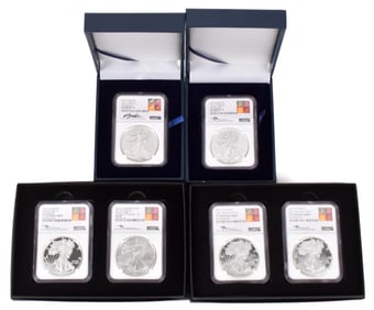 SIX AMERICAN SILVER EAGLE COINS.