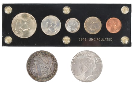 1949 BU YEAR SET & TWO US SILVER DOLLARS, 1883 & 1923