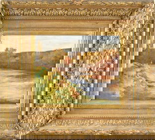 ANTIQUE FRENCH OIL ON BOARD, RIVER LANDSCAPE.