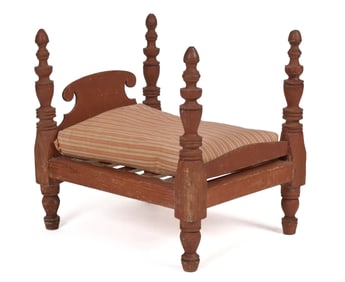 19TH C. SHERATON RED PAINTED DOLL'S BED.