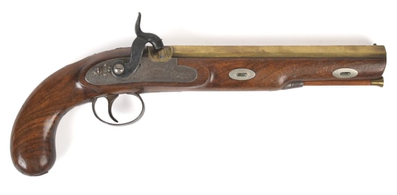 ANTIQUE ENGLISH BRASS BARREL PERCUSSION PISTOL.