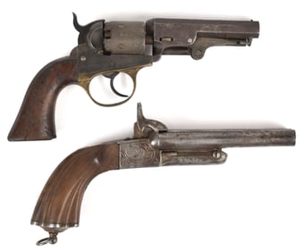 TWO ANTIQUE PISTOLS, REVOLVER AND PERCUSSION.