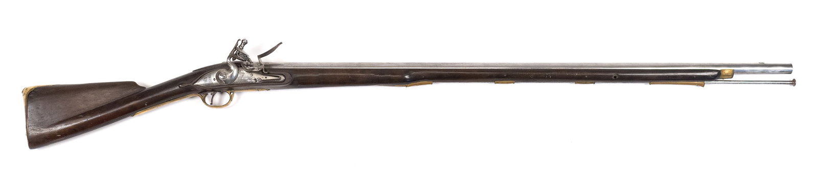 BRITISH FLINTLOCK MUSKET.: British style military flintlock musket with lock plate engraved “GRICE/1762” beneath a crown and “GR” (George Rex) cipher, in the style of the Brown Bess, however out of period. A ful