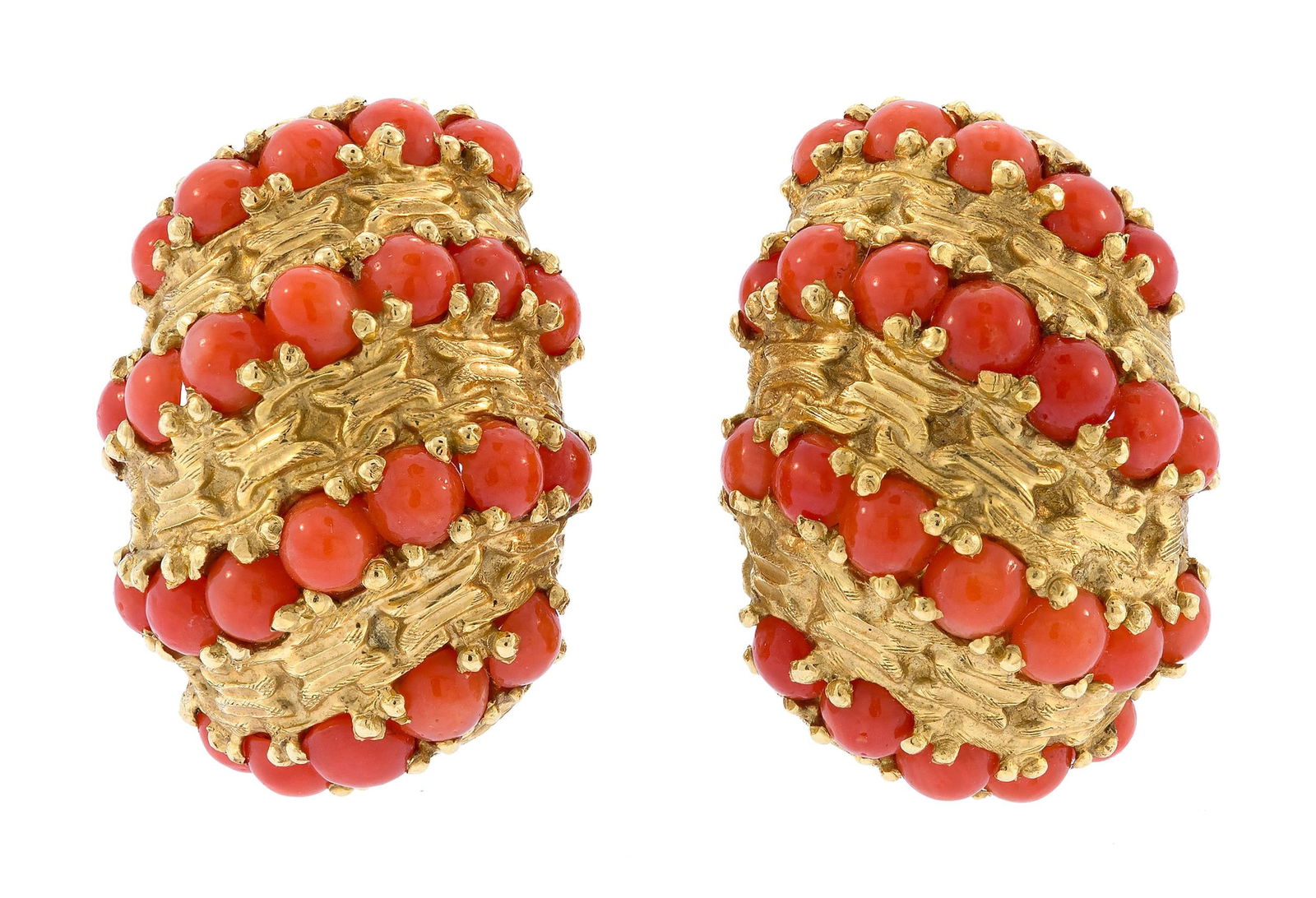 SIGNED VAN CLEEF & ARPELS 18K GOLD CORAL EAR CLIPS.: A pair of vintage Van Cleef & Arpels, signed, 18k yellow gold (stamped 750, French hallmarks) red coral, clip-on earrings, approx. 1”L, 18.4 grams.