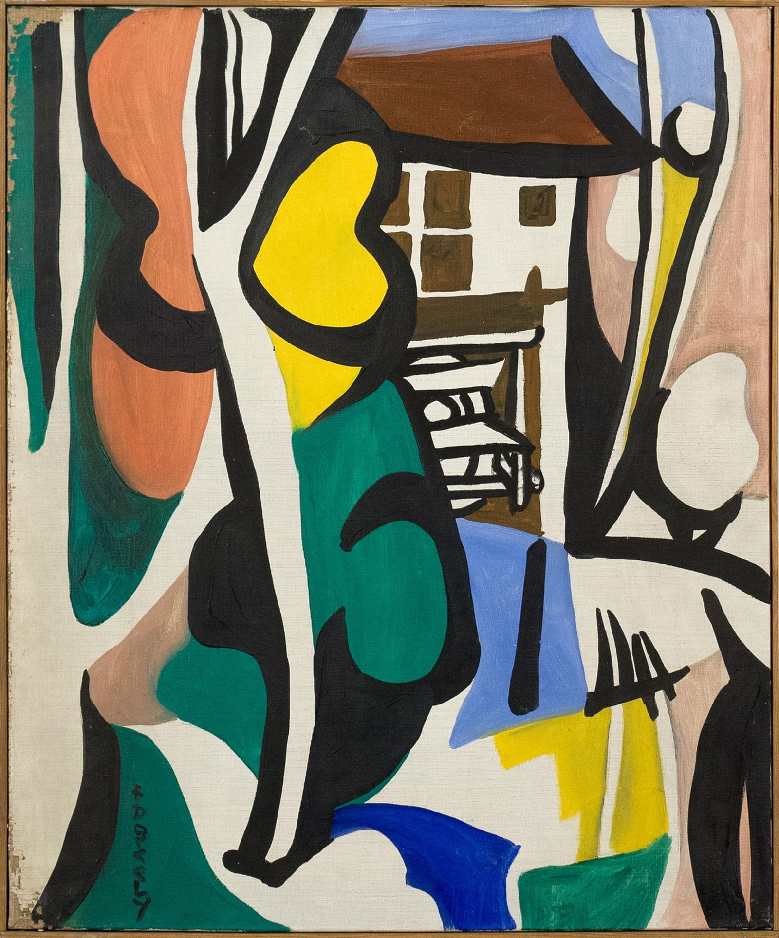 ROLAND DORCELY OIL ON CANVAS, HOUSE IN WOODS.: Roland Dorcely (1930-2017) oil on canvas, house in woods, signed lower left, R. Dorcely. La Galleriw 18, Paris label on reverse. Frame 24.5” x 20”.