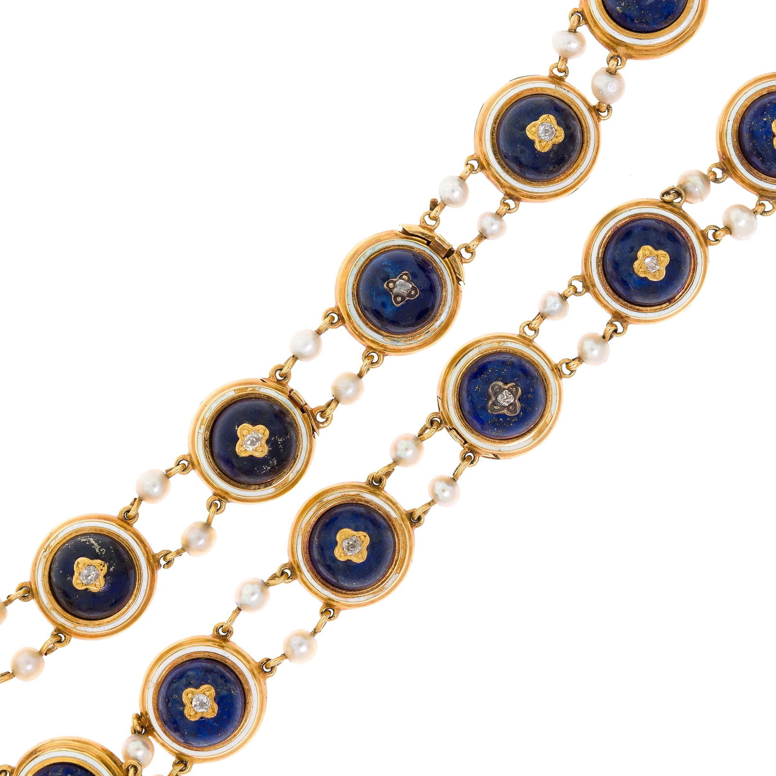 ANTIQUE FRENCH 18K GOLD LAPIS, DIAM. & PEARL CHOKER.: An antique, French, 18k yellow gold (tested) choker or bracelets set with lapis (9mm), approx. .50 ct. tw. Old Mine and antique cut, natural diamonds of H-I-J color and VS-SI-I clarity and pearls (3-3