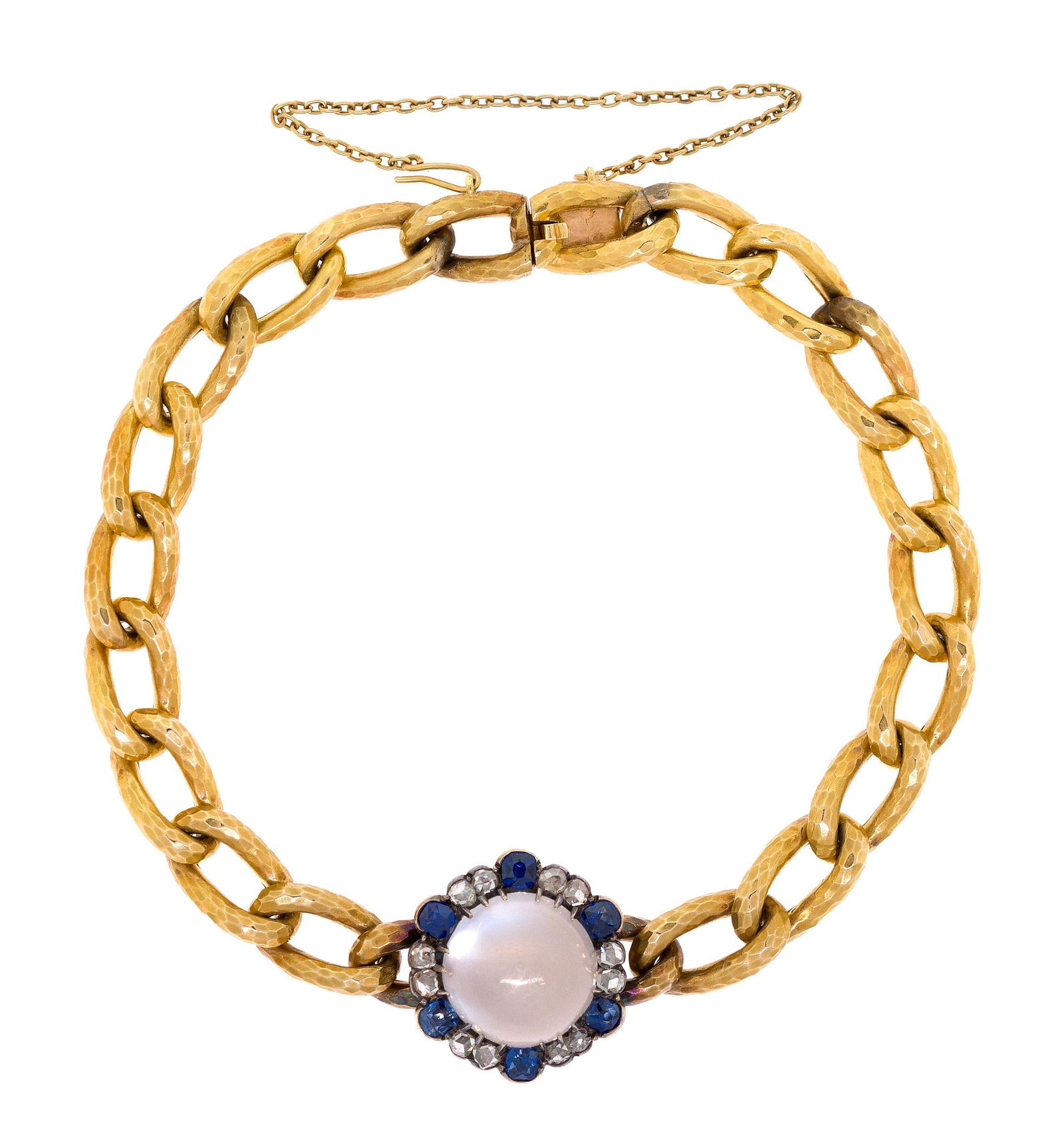 FRENCH 18K GOLD MOONSTONE, SAPPH & DIAM. BRACELET.: An antique, French, 18k yellow gold (stamped, eagle's head) hammered link bracelet set with an approx. 5.2 ct., round cabochon cut, moonstone with blue adularescence, surrounded by approx. 1.0 ct.