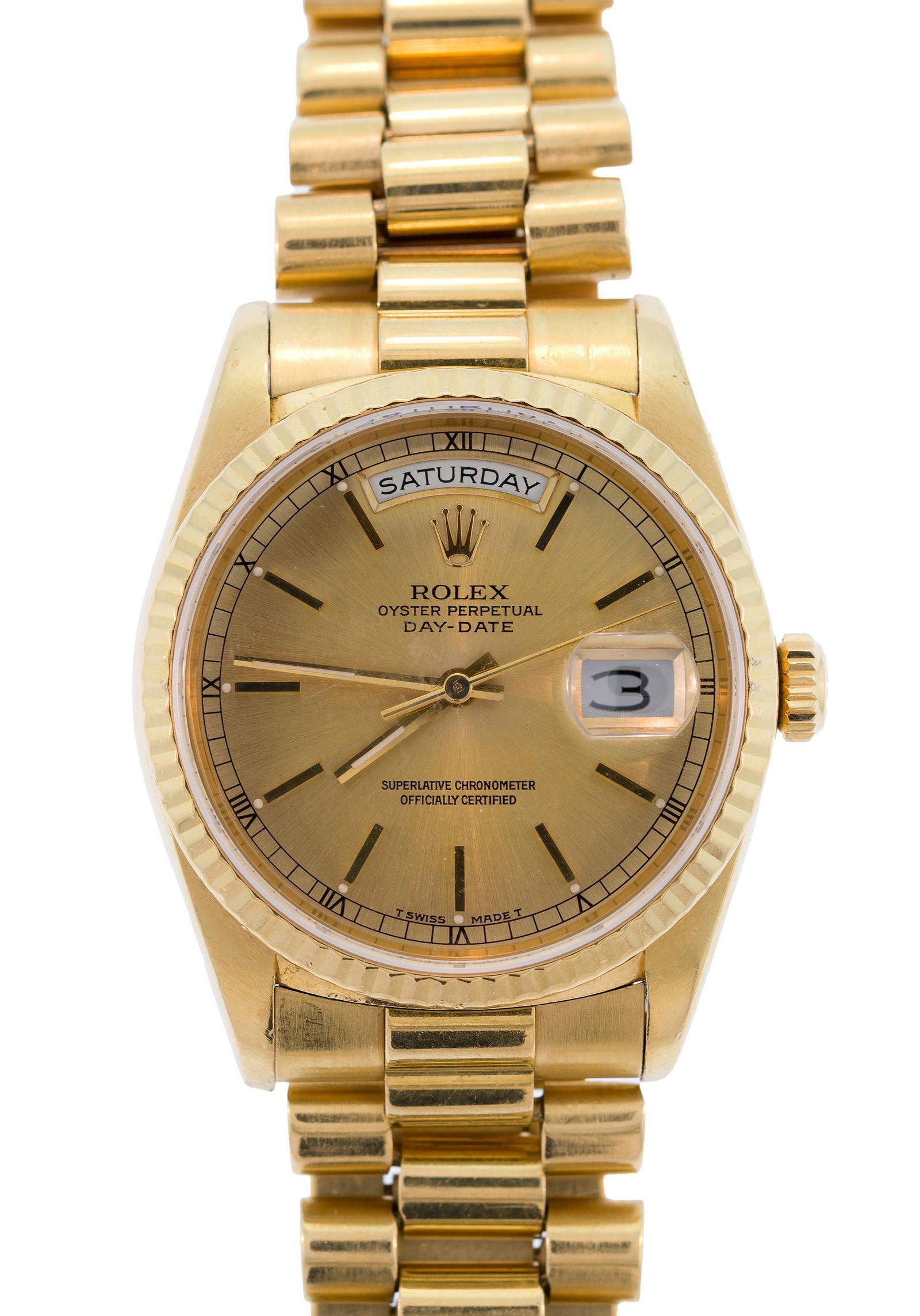 18K GOLD ROLEX PRESIDENTIAL DAY/DATE WRIST WATCH.: An 18k yellow gold (stamped), Rolex, Presidential, day/date, serial #18238, model #L244957, automatic movement, pie pan bezel, 35mm case, original Presidential bracelet, 3 extra links included, 7 inch