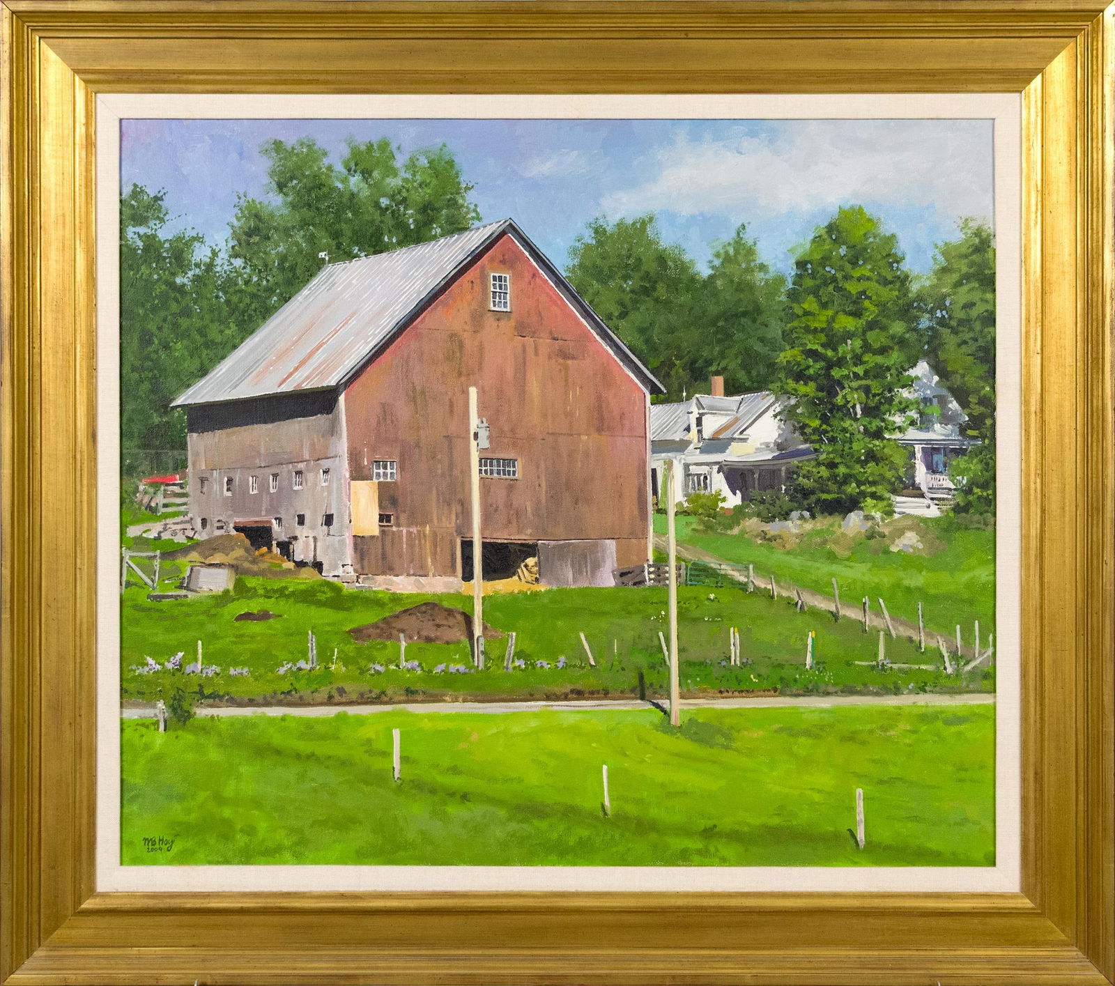 WILLIAM B. HOYT OIL ON CANVAS, RYEGATE VT RED BARN.: A William B. Hoyt (b. 1945) oil on canvas, Ryegate VT red barn, signed lower left, WB Hoyt 2009. Image 23.5” x 27.5”, Frame 31” x 34.75”.