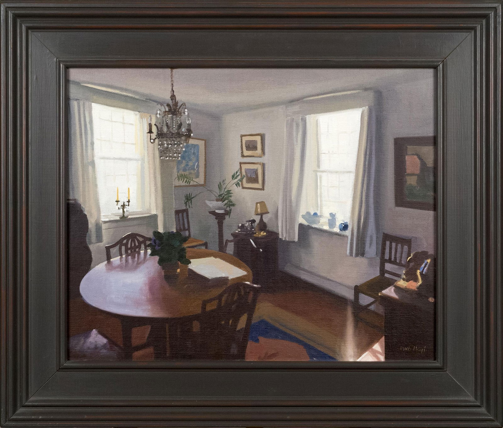 WILLIAM B. HOYT OIL, ALICE S. BUELL HOUSE.: A William B. Hoyt (b. 1945) oil on wood board, depicting the dining room of artist Alice Standish Buell, in Woodstock/Bridgewater VT. Signed lower right Wm. B. Hoyt. Board 16” x 20”,