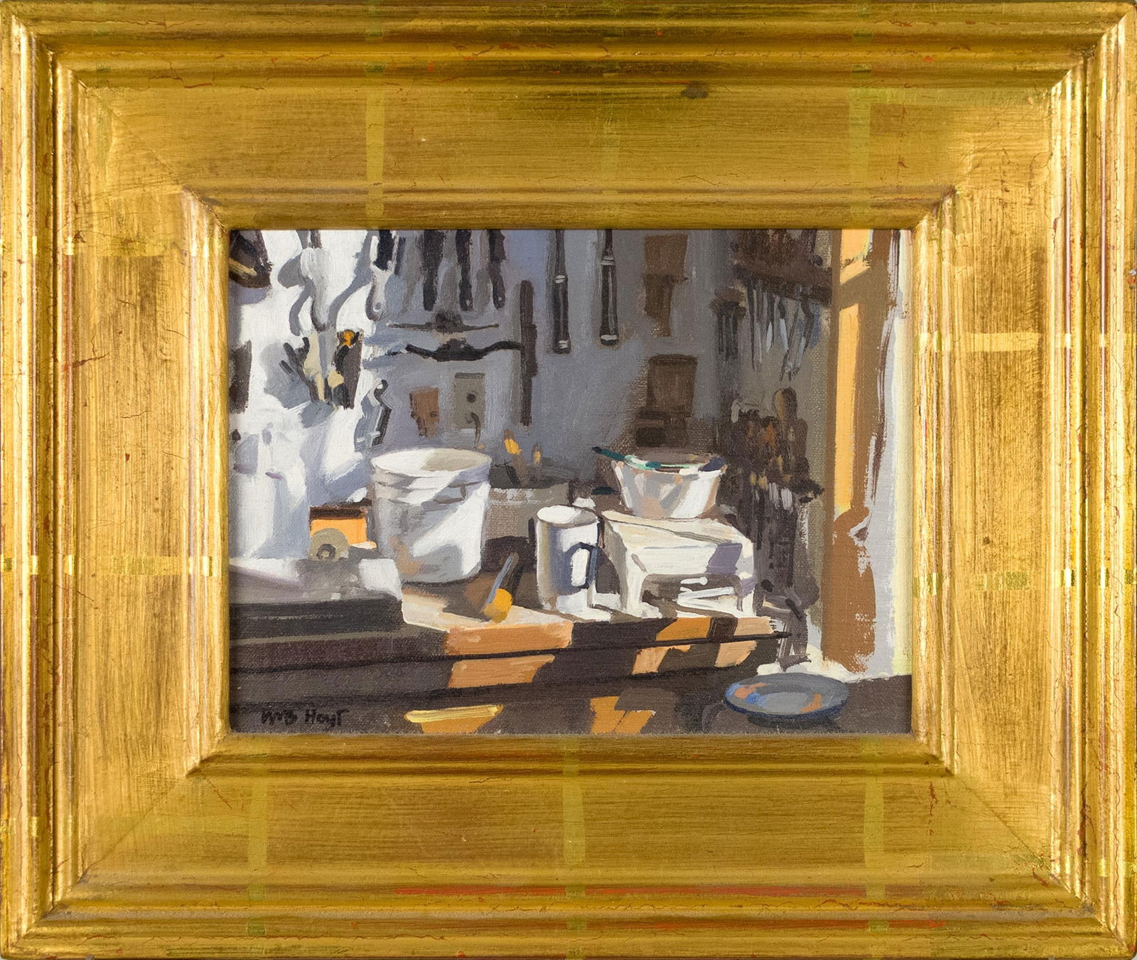 WILLIAM B. HOYT OIL ON BOARD, JOSH’S SHOP, POMFRET VT: A William B. Hoyt (b. 1945) oil on masonite, titled on reverse, 'Study, Interior of Josh’s Shop, Pomfret VT', and signed lower left, Wm B. Hoyt. Board 6” x 8”, Frame 11” x