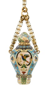 ANTIQUE 14K-18K GOLD CLOISONNE SCENT BOTTLE & CHAIN.