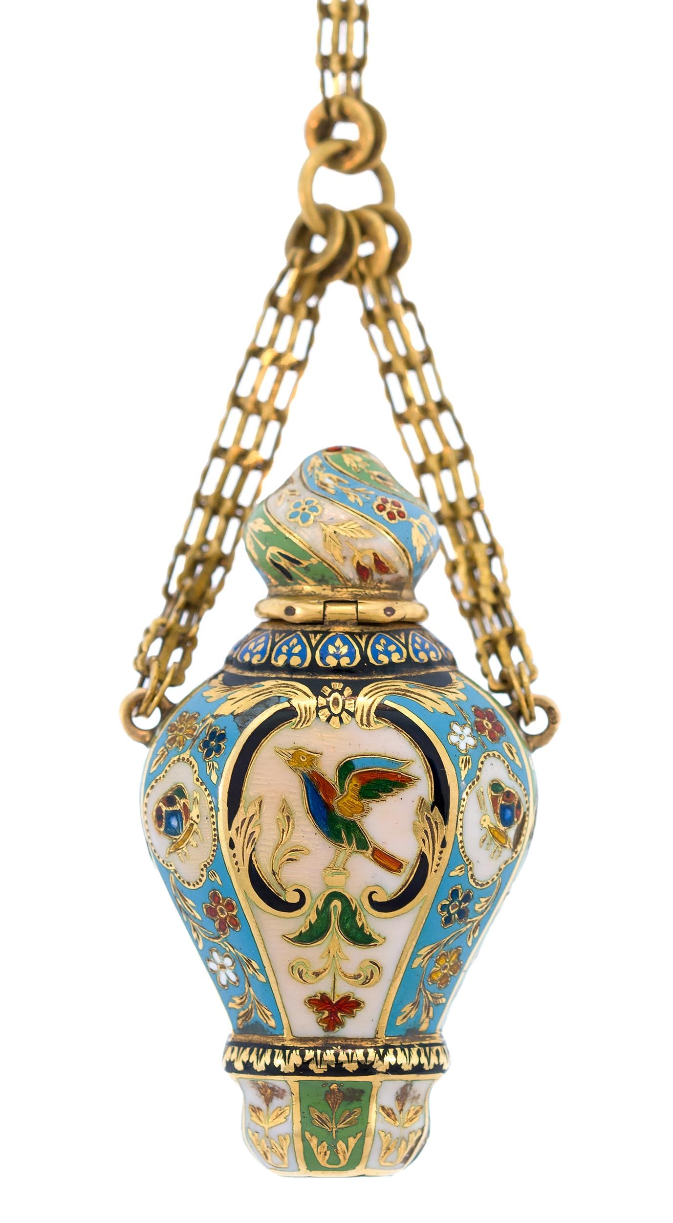 ANTIQUE 14K-18K GOLD CLOISONNE SCENT BOTTLE & CHAIN.: An antique, 14k-18k yellow gold (stamped w/ ram's head & tested), cloisonne scent bottle for chatelaine, 6 inches long, 21.7 grams.