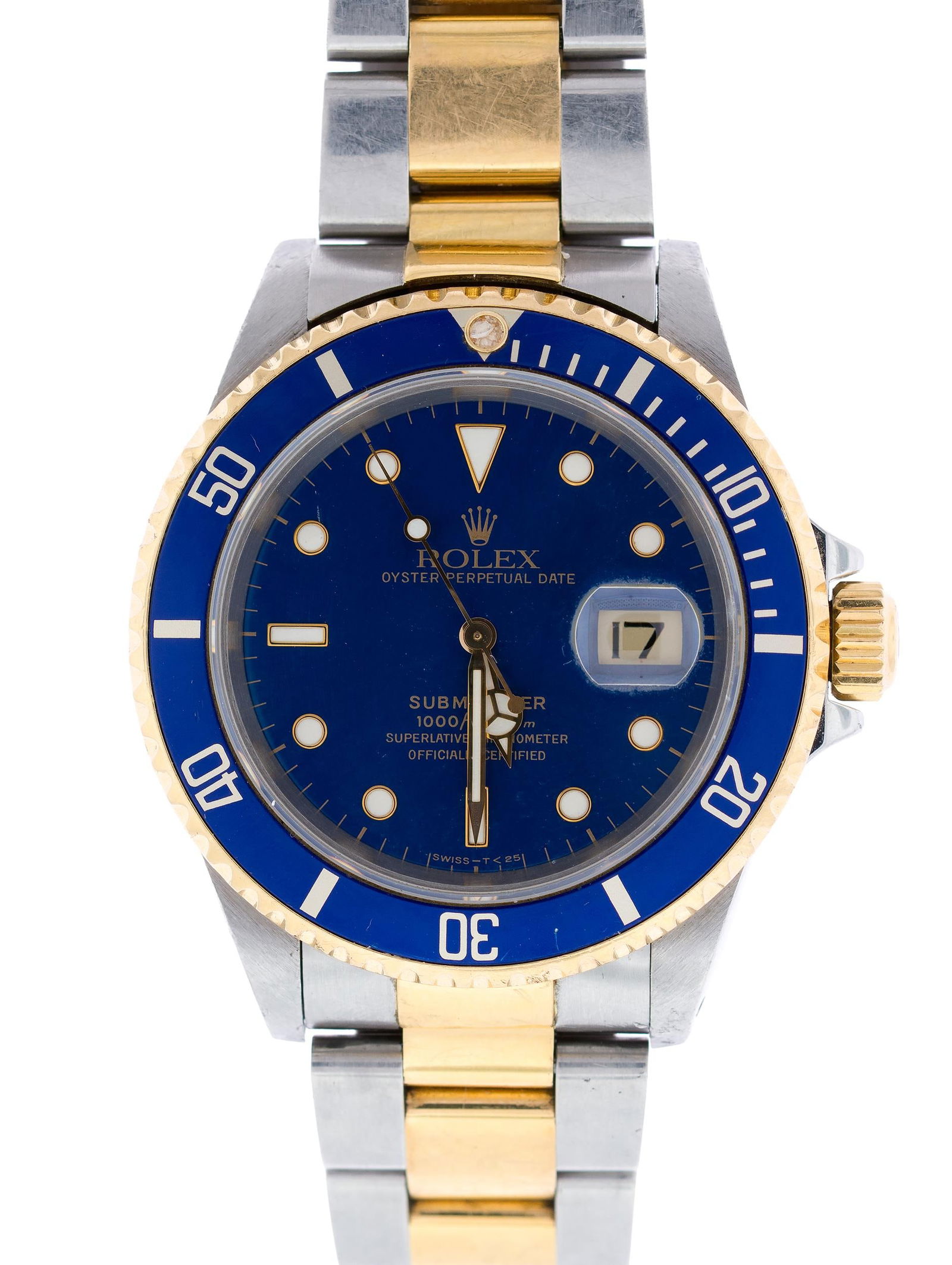 ROLEX SUBMARINER STAINLESS & 18K GOLD W/ BLUE DIAL.: A stainless steel and 18k yellow gold, Rolex, Submariner 'Bluesy' Oyster Perpetual, 40mm case, with date with cyclops lens, Caliber 3135 automatic movement, water resistant to 1000 ft./300m., luminous
