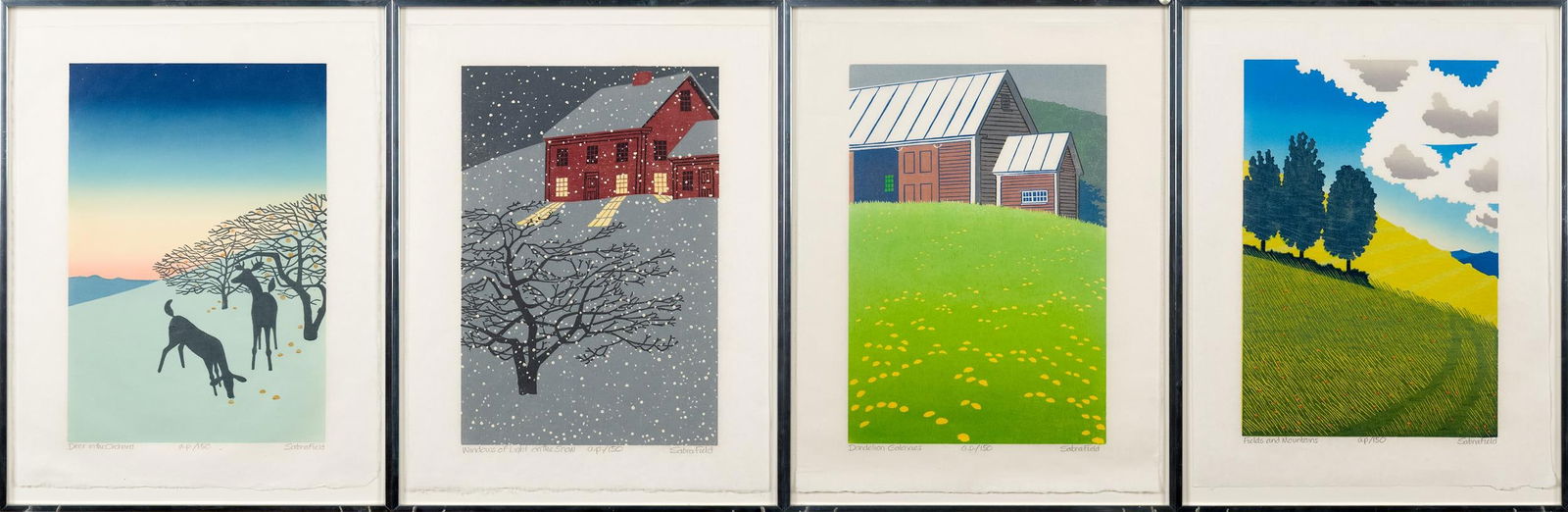 RARE SABRA FIELD WOODBLOCKS, THE UPLAND SUITE.: A rare find, the complete Sabra Field Upland Suite, with all four Sabra Field woodblock prints, depicting a hillside in the four seasons; Dandelion Galaxies, Fields and Mountains, Windows of Light on