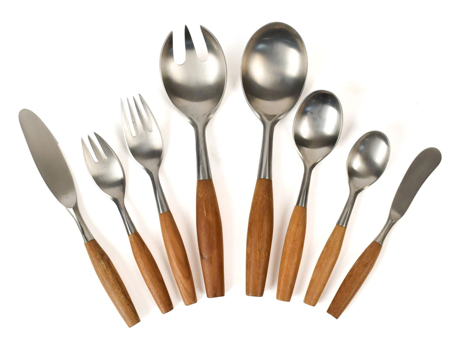 JENS QUISTGAARD FOR DANSK FJORD FLATWARE SET.: A good set of Dansk (Made In Germany) teak and stainless flatware, service for 12, designed by Jens Quistgaard, includes; 12 dinner forks 7.25”L, 12 salad forks 6.5”L, 12 tablespoons