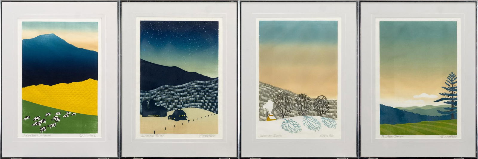 FOUR SABRA FIELD WOODBLOCKS, MOUNTAIN SUITE.: The Sabra Field Mountain Suite, with four wood block prints, including: Mountain Spring, Mountain Summer, Mountain Autumn and Mountain Winter. All pencil signed and titled in margin. Frames 20”