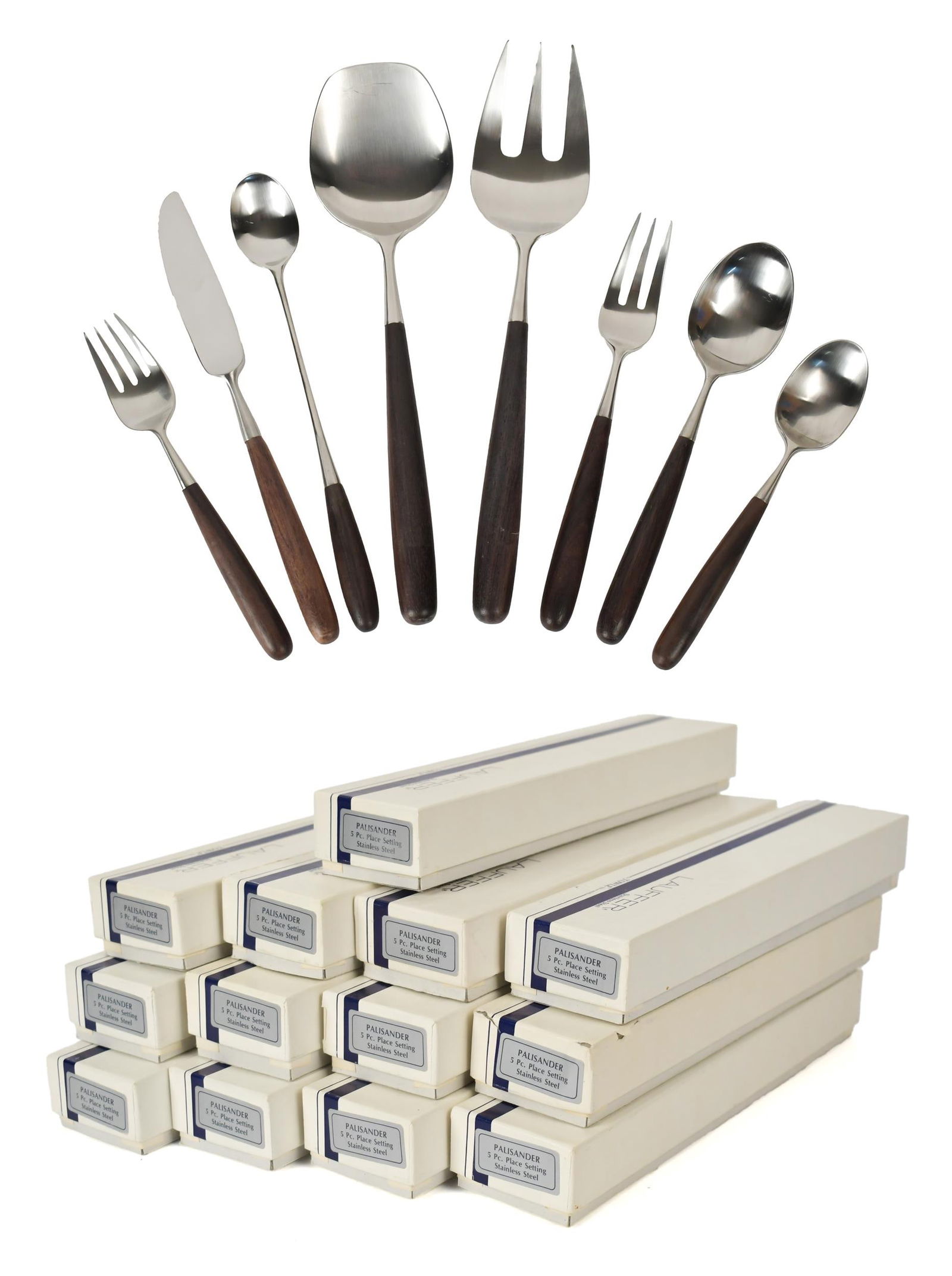 LAUFFER ROSEWOOD & STAINLESS PALISANDER FLATWARE.: A good set of Lauffer ‘Palisander’ rosewood and stainless flatware, service for 12 plus, with 89 pieces total. 12 sets of ‘new in box’ 5 piece place settings, each with: