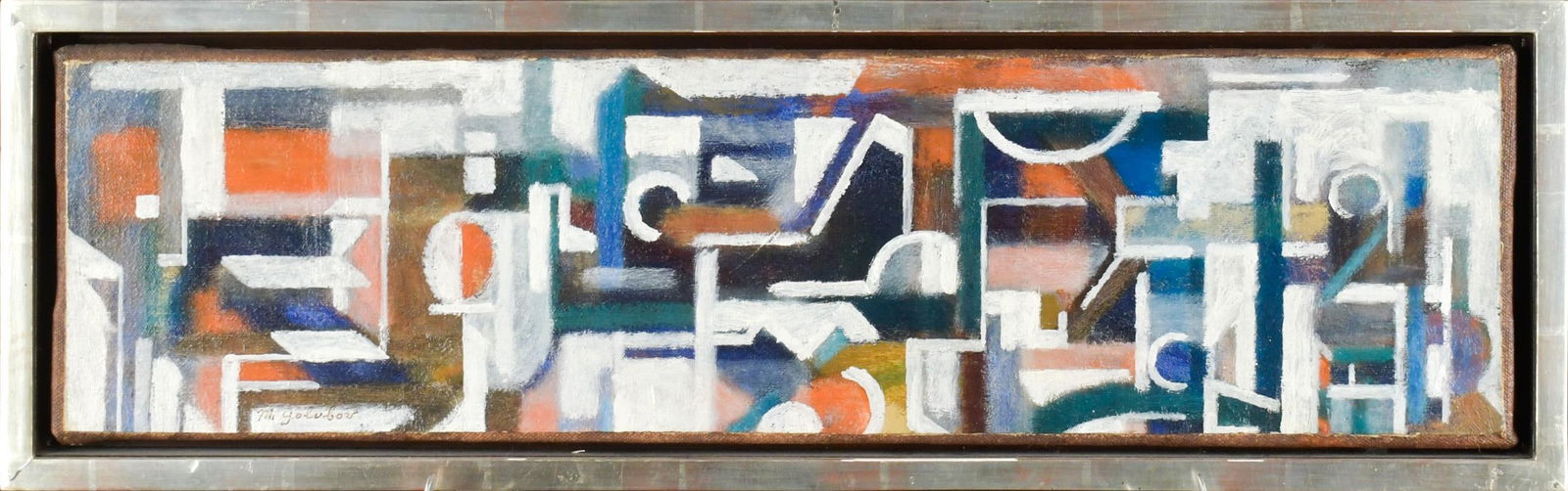 MAURICE GOLUBOV OIL, LETTERS.: A Maurice Golubov (1905-1987) oil on canvas, letters, signed lower left M. Golubov. Image 6” x 23”, Overall in Frame 8” x 25”.