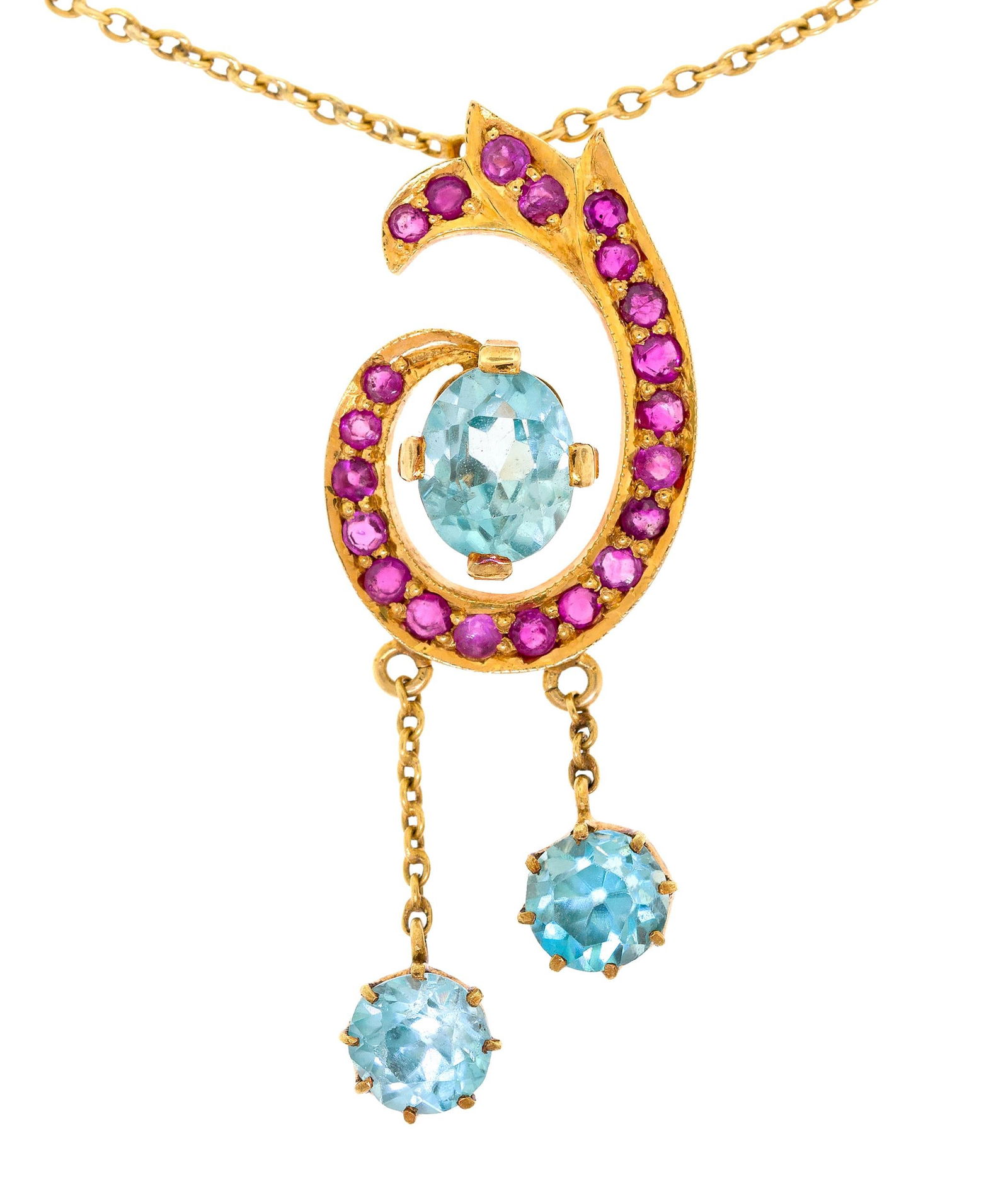 RETRO 18K GOLD RUBY & BLUE ZIRCON NECKLACE.: A retro, 18k yellow gold (stamped) pendant set with approx. .50 ct. tw., faceted round, medium red rubies and approx. 2.75 ct., faceted round and oval, medium light blue zircon, 1 5/8 inches long