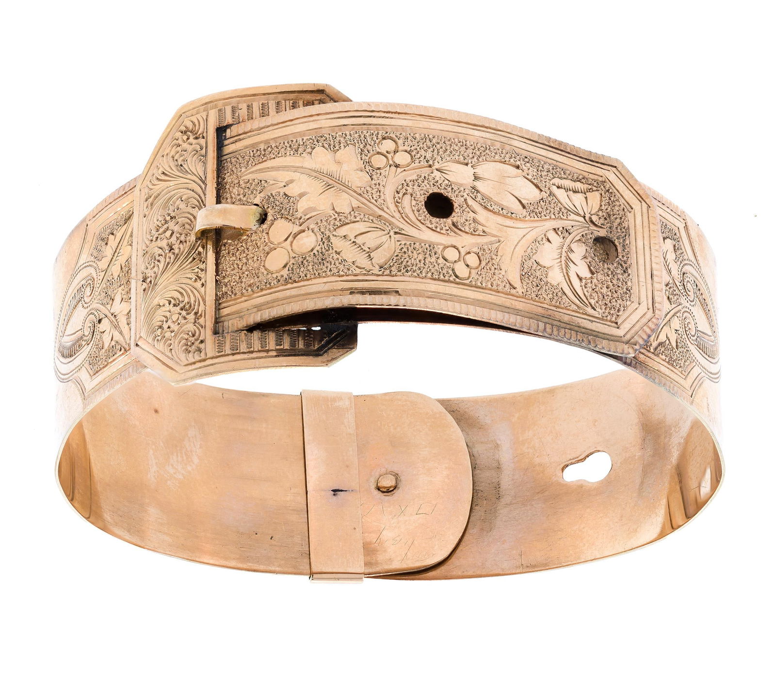 VICTORIAN 14K ROSE GOLD BUCKLE BRACELET.: A Victorian, 14k rose gold (tested), hand engraved, buckle bracelet, 26.5mm wide, largest size is 6 1/2 inch wrist (adjustable), 25.8 grams.