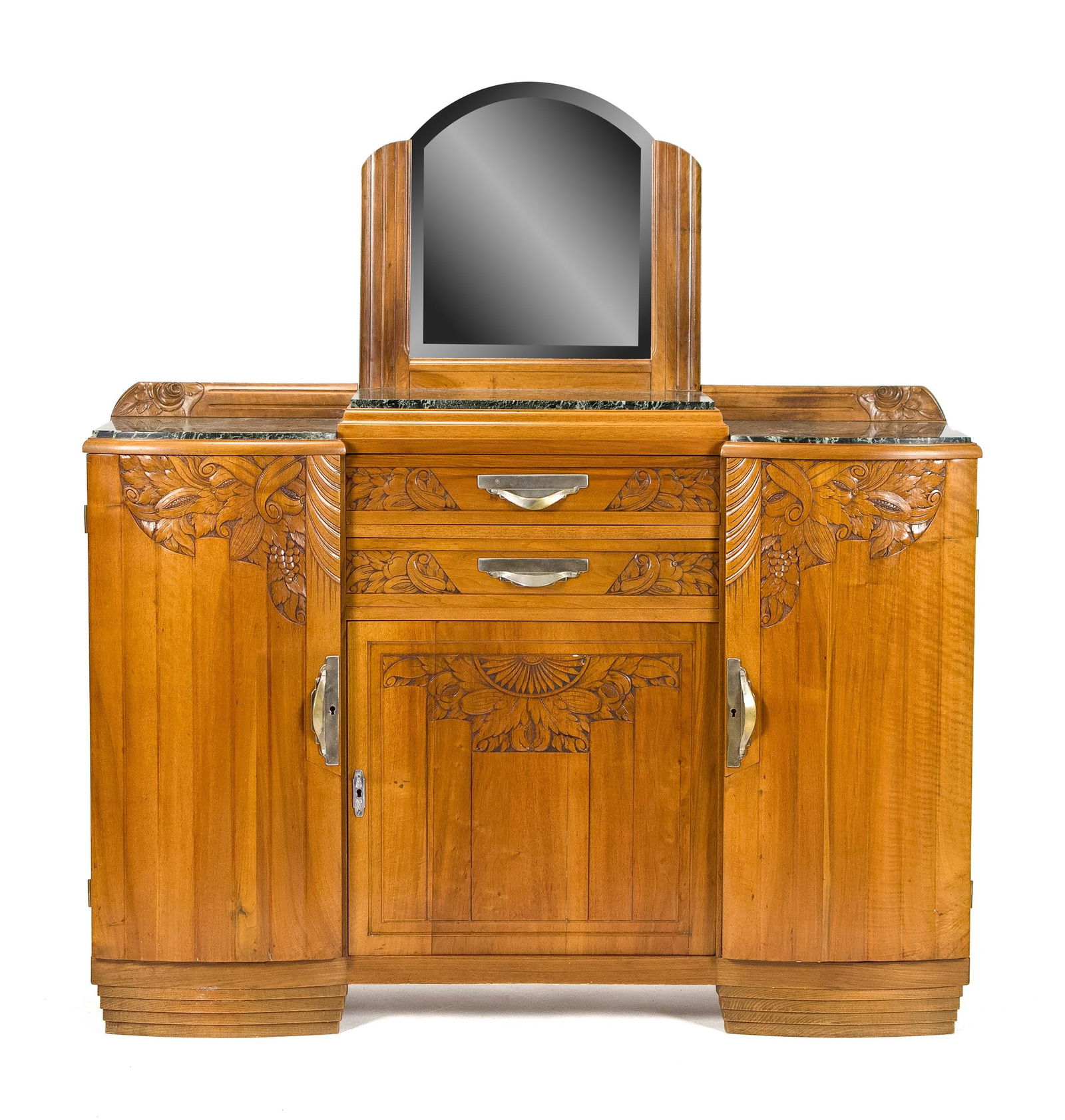 ANTIQUE CARVED ART DECO BUFFET/SERVER.: A superb Art Deco carved walnut and green marble topped server with a detachable mirror and carved backsplash, over drawers and doors. 67”H x 62”W x 20”D.