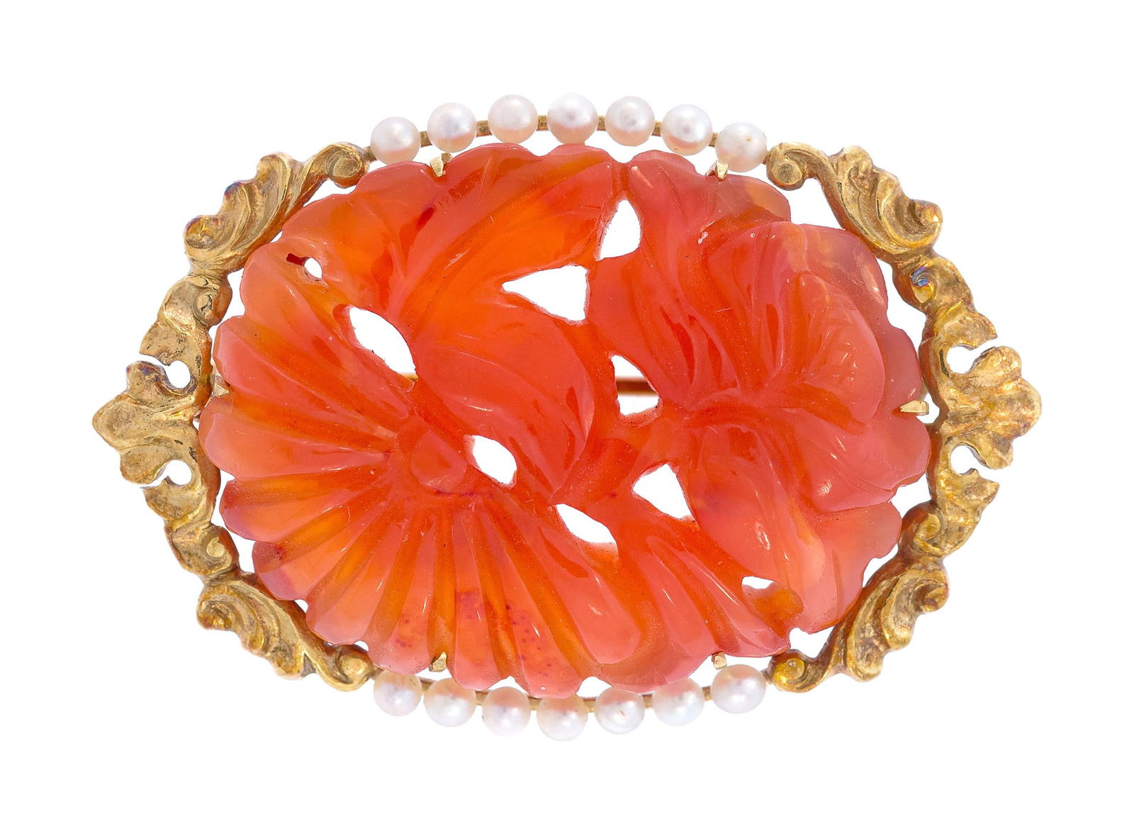 SIGNED TIFFANY & CO. 14K GOLD CARNELIAN & PEARL PIN.: An antique, signed Tiffany & Co., 14k yellow gold (stamped) pin set with a carved carnelian, 28x22mm, and seed pearls with very good luster, 1 1/2 inches long, 10.5 grams, including a white Tiffany &