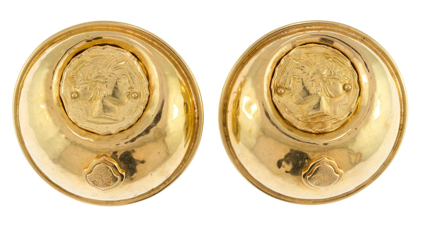 18K YELLOW GOLD ROMAN STYLE DISC EARRINGS.: A pair of 18k yellow gold (stamped) Roman style disc earrings, 1 5/8 inch diam., 17 grams, signed, unknown artist.