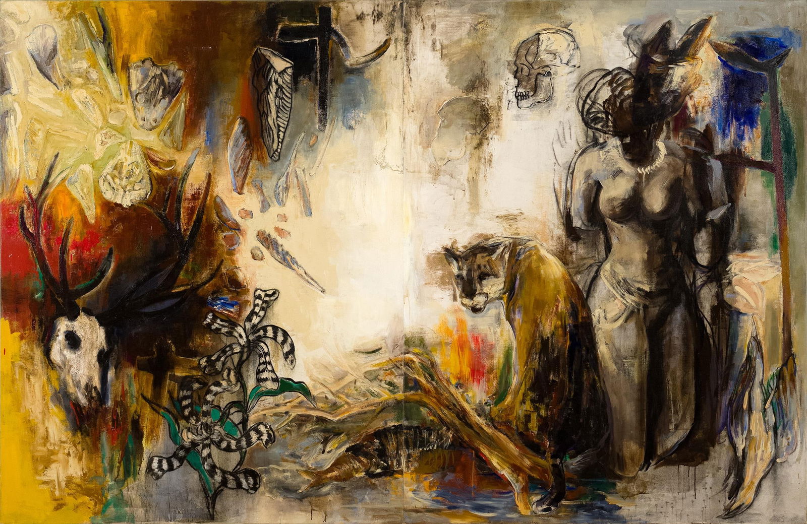 CHIHUNG YANG OIL DIPTYCH, TIMELESS STORY.: A Chihung Yang (b. 1947) diptych, charcoal and oil on canvas, titled on reverse, Timeless Story (The Eternities), signed and dated 1987. Includes original receipt. Each panel unframed 78” x