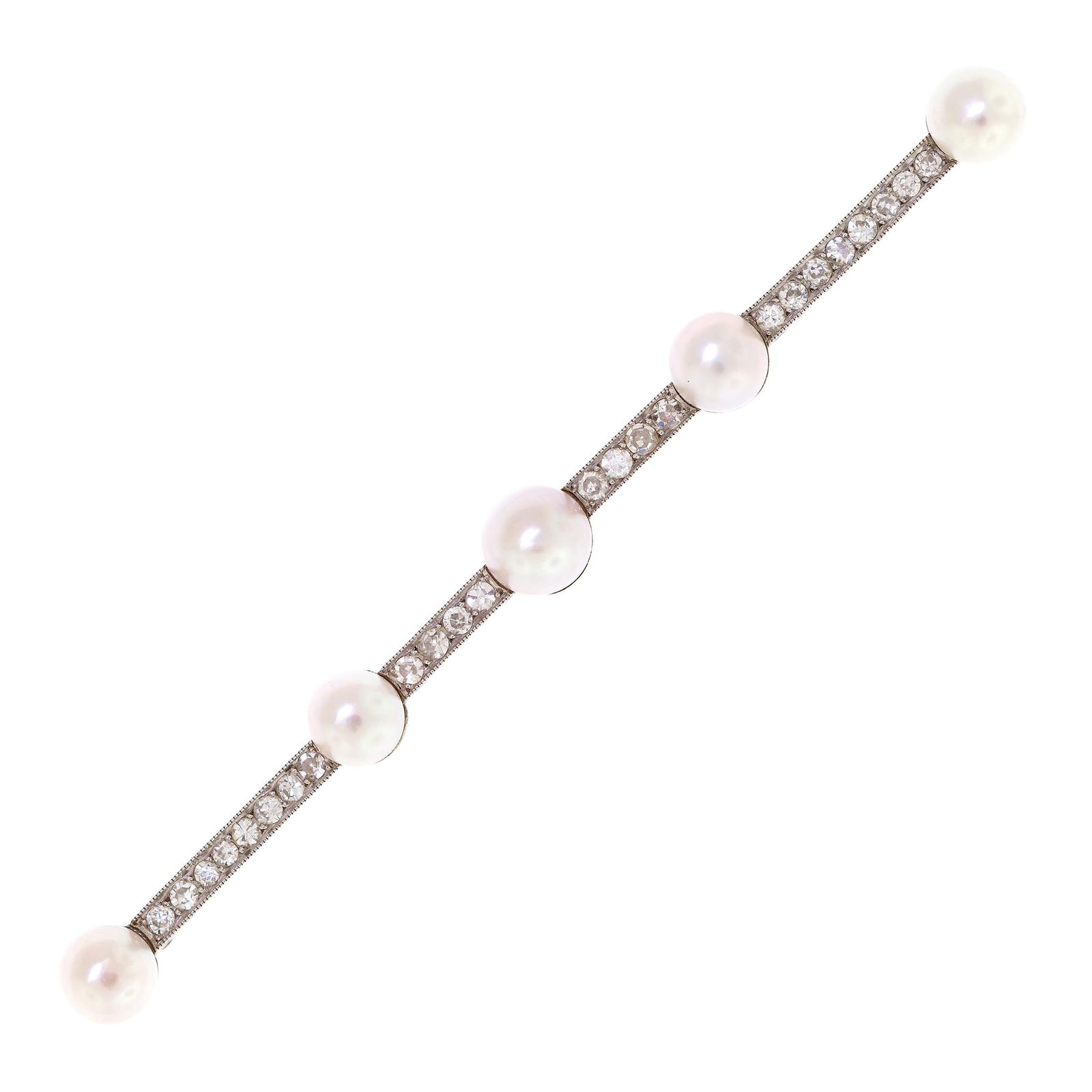 FRENCH ART DECO PLATINUM DIAMOND & PEARL BAR PIN.: A French, Art Deco, platinum bar pin set with approx. .56 ct. tw. single cut round, natural diamonds of H-I color and VS-SI clarity, and cultured half pearls, 6-7mm round with very good luster, 3 1/4