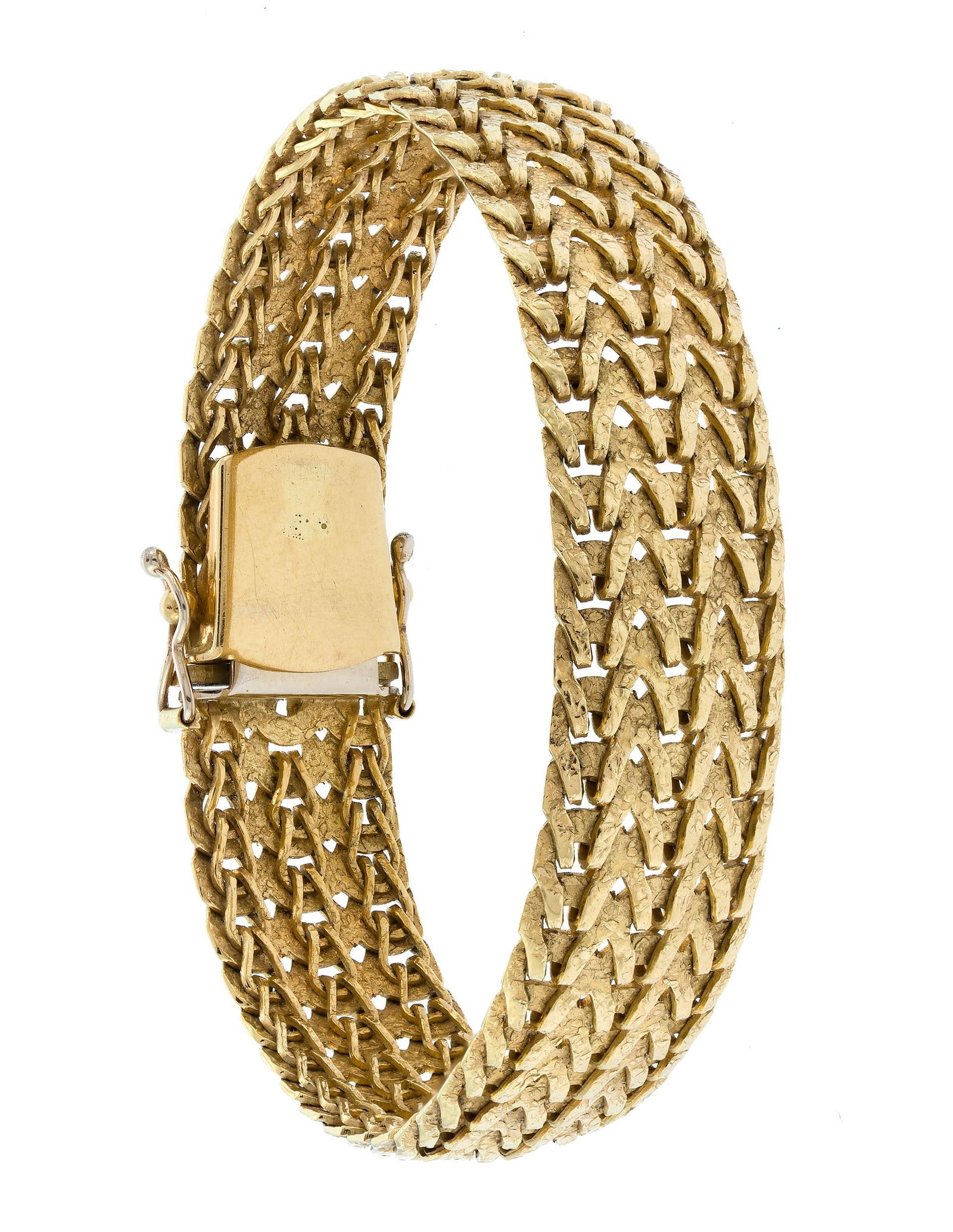 VINTAGE 18K GOLD TEXTURED WOVEN BRACELET.: A vintage, 18k yellow gold (stamped), textured woven bracelet, 13mm wide, 6 5/8 inches long, 31 grams.