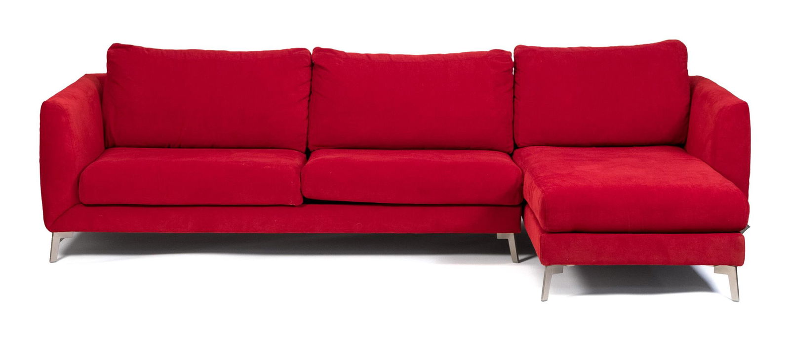 CONTEMPORARY BOCONCEPT SECTIONAL SOFA.: A 20th C. contemporary BoConcept (New York City) plush red upholstered sectional sofa, with a removable chaise section, loose seat and back cushions, with aluminum legs.30”H x 109”W x